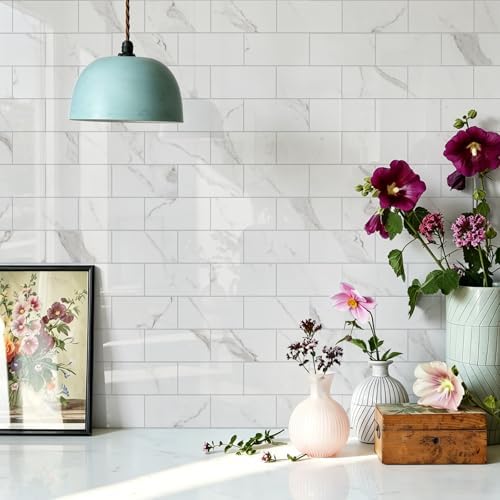 Vamos Tile 100-Piece Peel and Stick Backsplash Seamless Tile,3''x6'' Glossy Statury White Marble with White Grout PVC Subway Tile,Stick on Backsplash for Kitchen/Bathroom/Laundry Room - Image 3