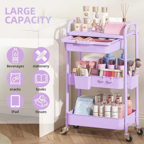 KINGRACK 3 Tier Metal Rolling Cart with Drawer, Purple Utility Storage Cart | 2 Cups & 4 Hooks, Lockable Wheels, Trolley Organizer for Bathroom, Kitchen, Office, Nursery, Dorm, Laundry, Craft Room - Image 3