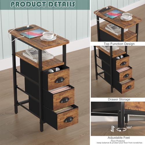 shtmec Narrow End Table Set of 2 with Charging Station, LED Side Tables Set 2 with Fabric Drawers, Small Bedside Tables Nightstands for Small Space, Slim Sofa Couch Table for Livingroom,Rustic Brown - Image 5