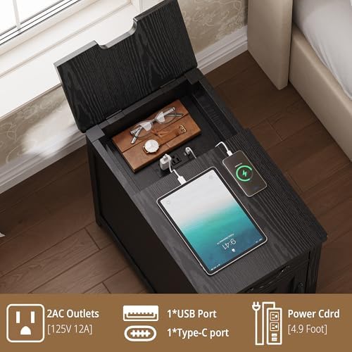 IRONCK Black End Tables Set of 2 Narrow Side Table with Charging Station - Image 6