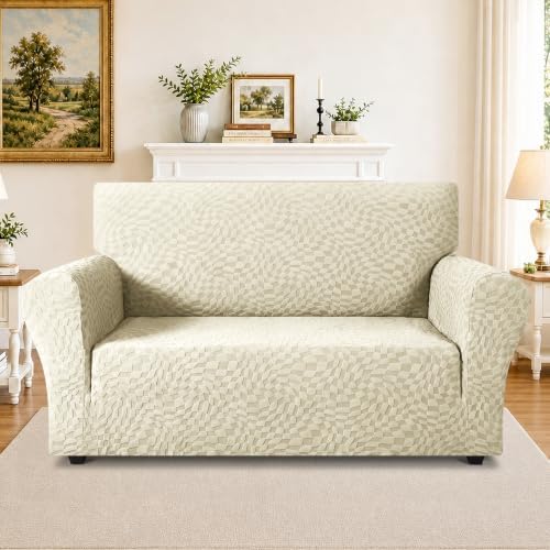 ZNSAYOTX 1 Piece Stretch Loveseat Covers for 2 Cushion Couch (55"-71"), New Plaid Couch Cover with Non-Slip Buckle for Dog Pets, Soft Cozy Washable Sofa Slipcover Form Fit Protector, Beige - Image 2