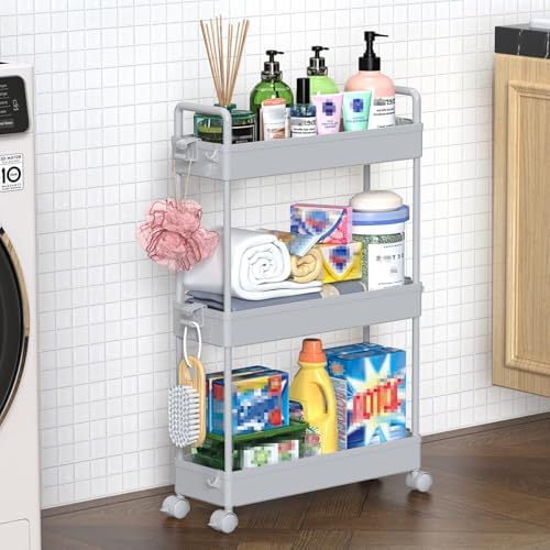 SOLEJAZZ Slim Rolling Storage Cart Skinny Bathroom Organizer, 3 Tier, Gray by SOLEJAZZ