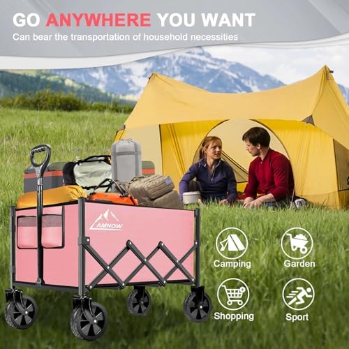 AMNOW 100L Collapsible Wagon Cart with All Terrain Wheels, 350LBS, Pink - Image 5