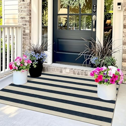 Blue and White Striped Entry Rug - 3x5 Non-Slip Indoor Outdoor Rugs - Image 3