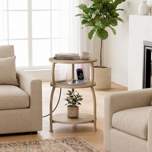 Round Side Table with Power Outlet, USB Type C Port, 3-Tier End Table - Image 6