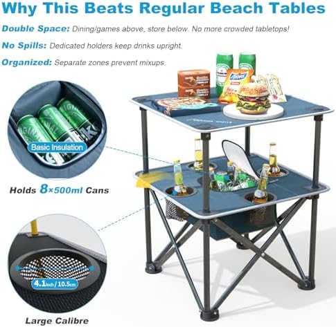 Folding Beach Table, Camping Table for Sand with Insulated Cooler Storage & 4 Cup Holders, Portable Pop Up Picnic Table, Lightweight Side Table for Outdoor - Image 6
