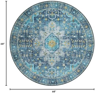 Moynesa Ultra-Thin Washable 5ft Round Rug - Teal 5x5 Circle Rugs for Living Room, Vintage Dining Room Mat Stain Resistant Nursery Carpet for Bedroom Mudroom Kitchen Apartment Home Office - Image 2