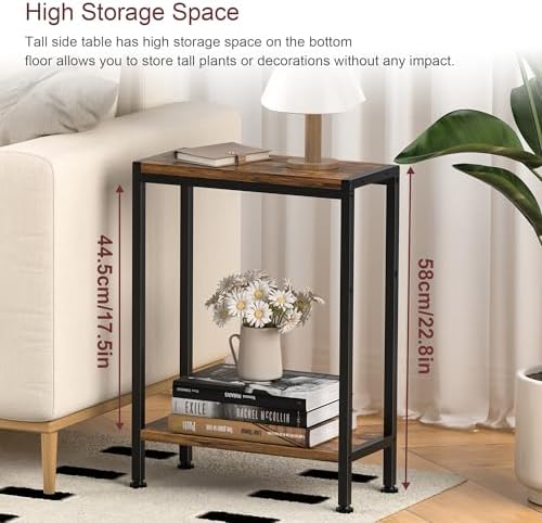 Narrow Side Table set of 2 for Small Space, 2-Tier Slim End Table, Thin Nightstand, Skinny Snack Couch Table, Sofa bedside Table in Living Room, Bedroom, Study, Kitchen and Balcony (Rustic Brown) - Image 3