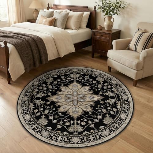 RELEANY Washable Area Rug, Round 4ft, Black/Neutral by RELEANY
