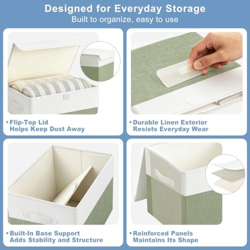 Bagnizer Large 22 Quart Linen Fabric Foldable Storage Bin Cube Organizer Basket with Flip-Top Lid & Handles, Clothes Blanket Box for Home, Office, Closet, Green & White, 4 Pack 14.6 x 9.5 x 9.5 - Image 6