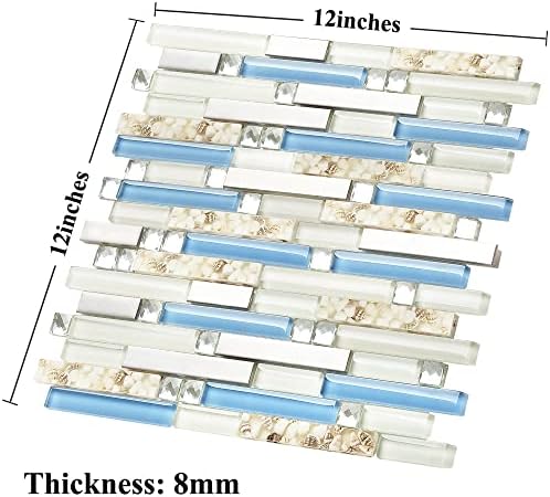 Blujellyfish Beach Style Tile Real Seashell Inside Blue Cream White Brushed Steel Art Mosaic Kitchen Backsplash Bath Decor (Pack of 5 Sheets) - Image 4