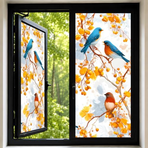 Birds Privacy Window Film, Decorative Window Privacy Film, Removable Static Cling Window Film for Kitchen Bathroom Renters 17.5 x 39.4 Inch by KKYEJLQYI