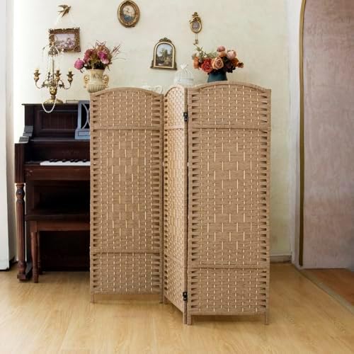Compact 3 Panel Short Room Divider, 47.2 Inch Tall Double-Sided Rattan Folding Privacy Screen for Home & Office,Light Brown - Image 3
