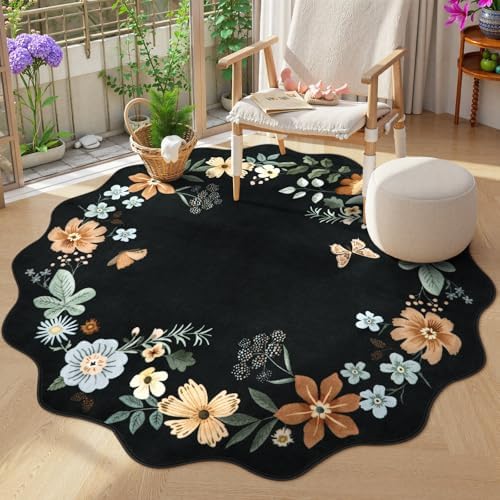 Lahome Floral Washable Round Rugs, Non-Slip Soft Round Rug 4ft Ultra-Thin by Lahome