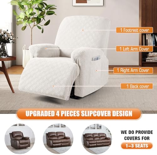 VANSOFY Oversized Recliner Chair Cover, 4-Pieces Stretch Recliner Covers for Recliner Chair Soft Reclining Chair Slipcover Jacquard Pattern Furniture Protector for Dogs Cats(Off White) - Image 6