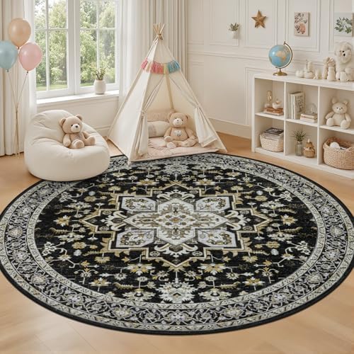Round Area Rug for Living Room: 8ft Boho Washable Rug Black Gold - Image 5