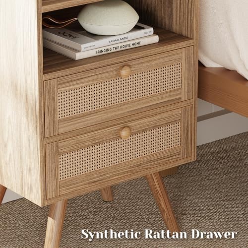 SUPERJARE Night Stand with Charger Station, Boho Rattan Nightstand Set of 2 - Image 6