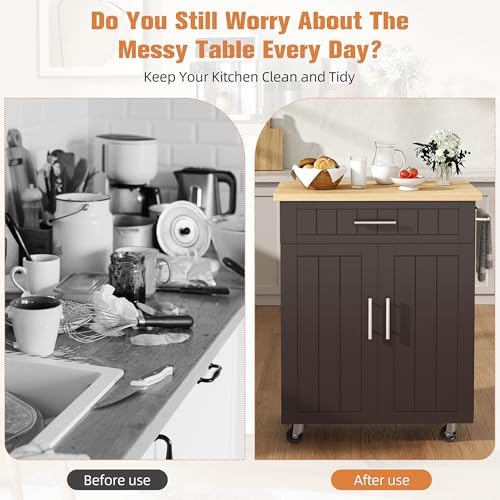 Shintenchi Kitchen Island cart with Storage, Portable Bar Cabinet on Wheels, Rolling Microwave Cart Side Table with Workstation for Kitchen, Dinning Room, Brown - Image 4