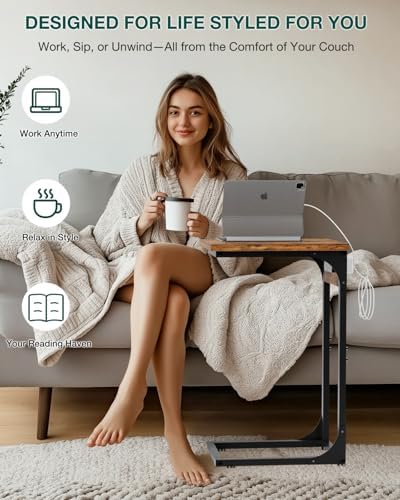 C-Shaped Side Table for Couch - Small Coffee Stand Sofa Tray Desk with Metal Frame Waterproof Scratch Resistant Wood Top and Built-in Charging Station, Rustic Brown - Image 4