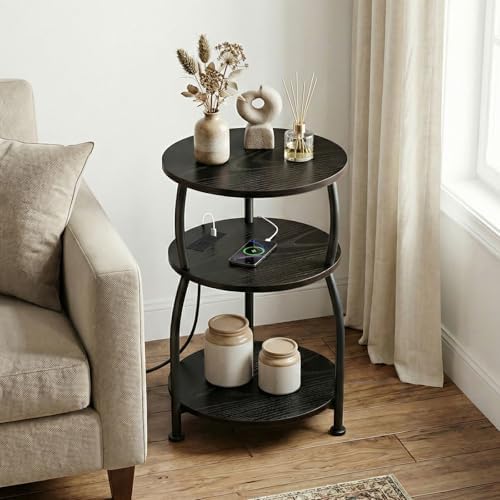 Round Side Table with Power Outlet, USB Type C Port, 3-Tier End Table - Image 4