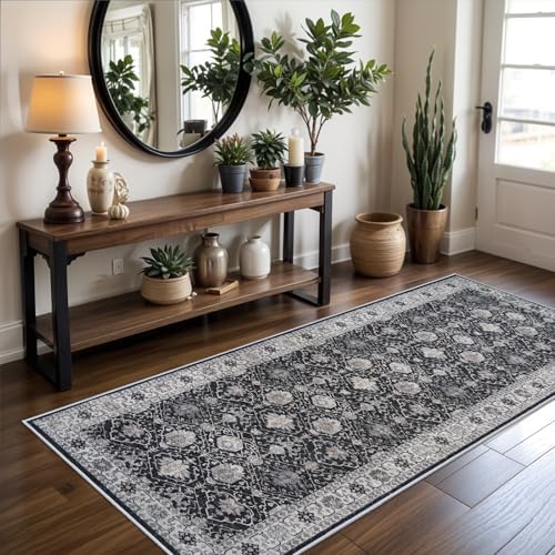 Hallway Washable Runner Rug - 3x6 Kitchen Rugs Entryway Rug Runner Vintage Soft Floor Mat Non Slip Indoor Farmhouse Carpet for Bathroom Living Room Bedroom (3 X 6, Black) by HYHAOYUNLAI