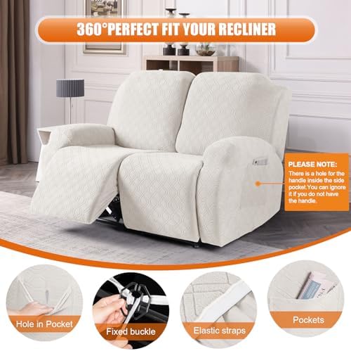 VANSOFY Stretch Recliner Loveseat Cover, Slipcover, Off White, 2 Seater - Image 5