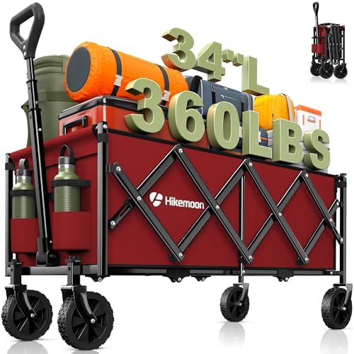 HIKEMOON 34'' Extra Long Folding Portable Wagon Cart, 120L 360LBS Red by Unknown