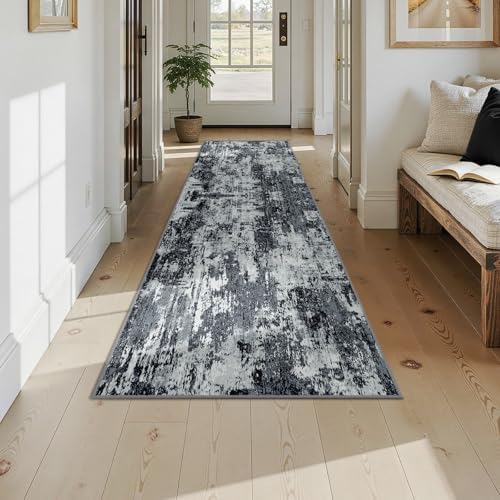 RELEANY Washable Runner 2'6"x10' Abstract Area Rug for Hallway Black White - Image 2