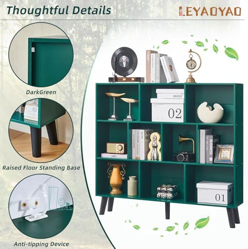 LEYAOYAO 10 Cube Bookshelf,Mid-Century Modern Bookcase with Legs,Dark Green - Image 5