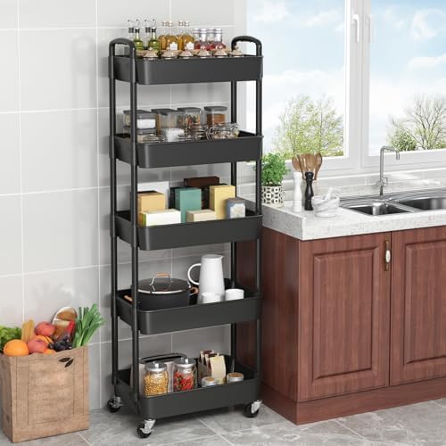 Sywhitta 5-Tier Plastic Rolling Utility Cart with Wheels,Black - Image 4