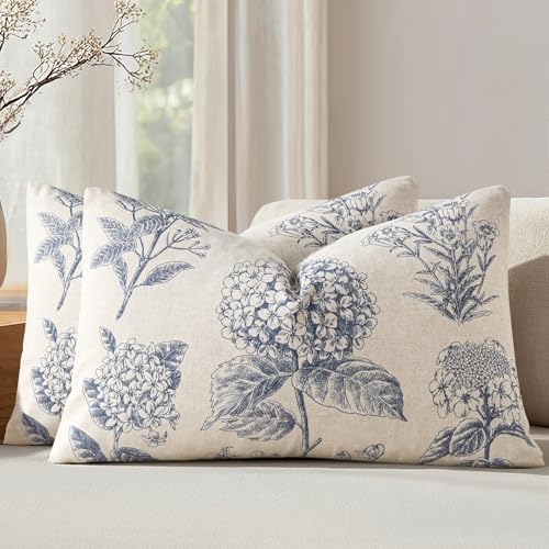 Set of 2 Lumbar Floral Pillow Covers 12x20 Inch Light Blue by SWANCOCO