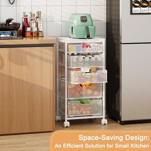 Kitchen Storage Cart with Wheels, 5-Tier Fruit Vegetable Storage Cart, Kitchen Organizer and Storage Cart with Drawers, Wooden Top Metal Wire Pantry Storage Cart for Fruit Snack Onion Potato, White - Image 3