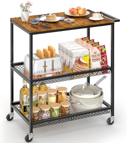 3 Tier Rolling Utility Kitchen Cart on Wheels, Heavy Duty Wire Rolling Cart with Wooden Top, Commercial Metal Serving Cart with Handle, Kitchen Island Food Storage Trolley for Laundry, Office, Garage by ThreeHio