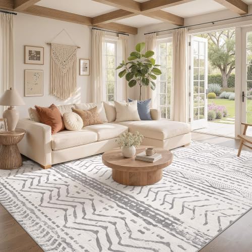 Nakagishi 5x8 Area Rug Living Room: Washable Boho Large Neutral Soft Rugs Farmhouse Stain Resistant Modern Indoor Non-Slip Carpet for Bedroom Nursery Kids Playroom Office Dining Room Dorm- Gray White - Image 2