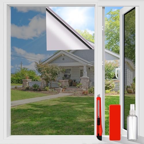 One Way Privacy Window Film Sun Blocking, Heat Blocking Window Tint for Home See Out But Not in, Static Cling & Anti UV, Black-Silver,35.4 Inch x 236.4 Inch by windowfilm