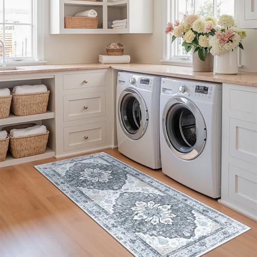 RELEANY Washable Area Rug, Runner 2'x5', Grey/White/Beige by RELEANY