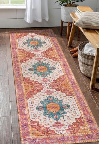 Moynesa Ultra-Thin Washable Runner Rug - 2'6"x8' Pink Runners for Hallways, Boho Non-Slip Bedroom Rug Runner, Vintage Oriental Medallion Kitchen Carpet Runner for Home Entrance Decor by Moynesa