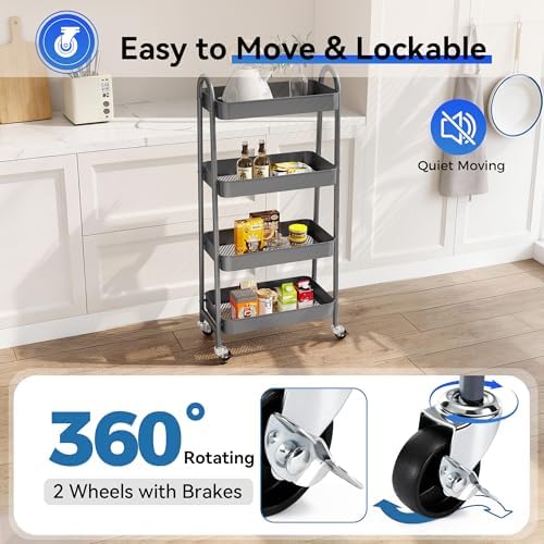 NEWBULIG 4-Tier Metal Rolling Storage Utility Cart with Lockable Wheels - Image 3
