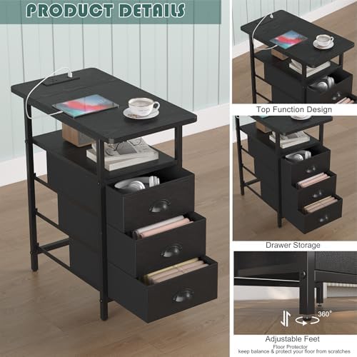 sthmec End Table with Charging Station, Side Tables Livingroom with USB Ports and Outlets,Narrow Nightstands Bedside Tables with 3 Drawers PU Finish for Small Space,Slim Sofa Table Bedroom,Black - Image 5