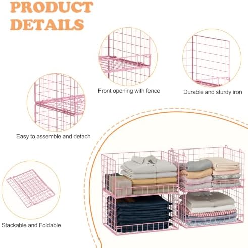 4-Tier Closet Organizers and Storage, Stackable Closet Organizer Basket, Foldable Closet Shelf Organizer Basket, Stackable Storage Bins and Organizer Shelves for Home Closet Organizer System, Pink - Image 3