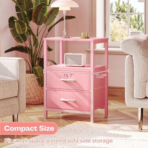 Huuger Nightstand with Charging Station, Side Table with Fabric Drawers - Image 7