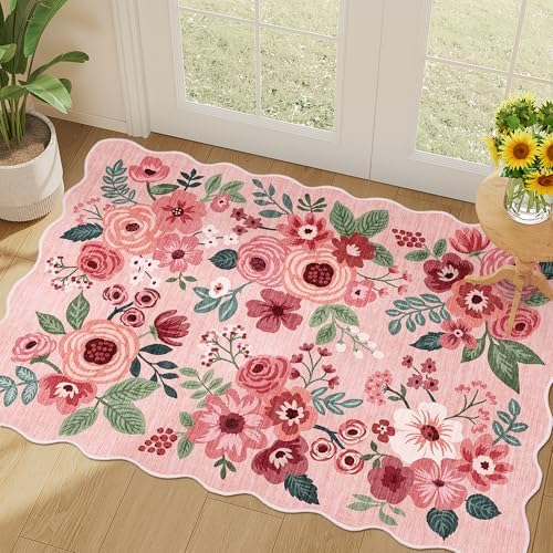 DUKINO 2x3 Rugs for Entryway, Floral Door Mat Washable Kitchen Rugs, Pink by DUKINO