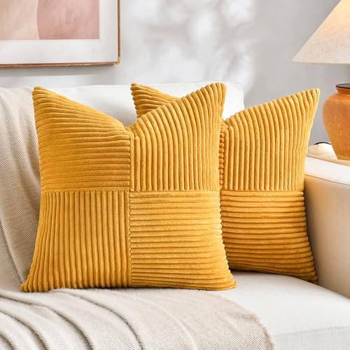Fancy Homi 2 Packs Gold Yellow Big Decorative Throw Pillow Covers 24x24 Inch for Couch Bed Sofa, Rustic Farmhouse Boho Home Decor, Soft Corss Corduroy Patchwork Accent Square Cushion Case 60x60 cm by Fancy+Homi