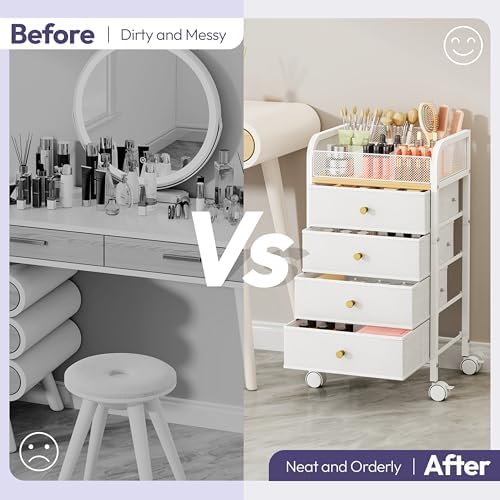 SWTYMIKI Rolling Makeup Organizer Cart - 14.96″*11.81″*27.55″ Widened Under Desk Vanity Storage with 4 Non-woven Drawers, Cosmetic Display Cases for Skin Care Perfume Nail Polish Brush Hair Tool White - Image 3