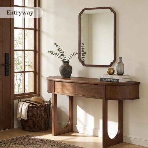 WallBeyond 28" x 40" Wood Bathroom Mirror for Wall Mounted, Rustic Rounded Corner Vanity Mirror for Entryway, Living Room or Bedroom Home Decorative [28" x 40" Walnut Color] - Image 3