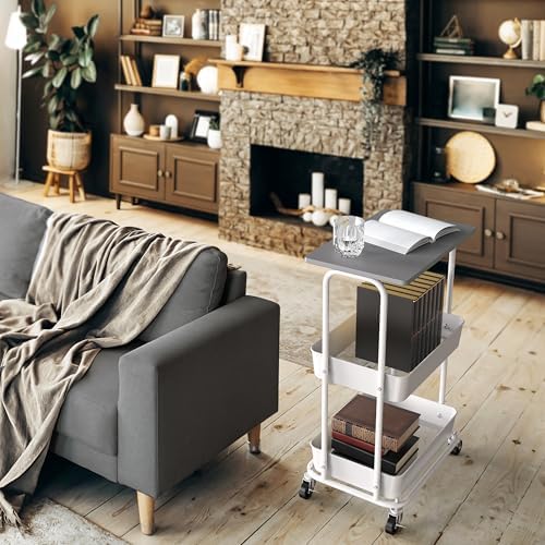 Simple Houseware 2-Tier Rolling Utility Cart Wood Top/Lockable Wheel, Gray - Image 5