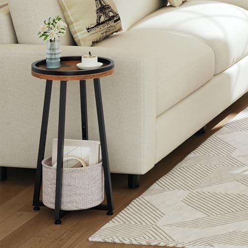 HOOBRO Small Round Side Table, 2-Tier Round Sofa End Table, Compact Nightstand with Cotton Linen Storage Basket, for Small Space, Living Room, Bedroom, Dorm, Rustic Brown BF183BZ01 - Image 2
