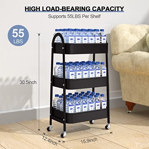 EAGMAK 3 Tier Utility Rolling Cart, Metal Storage Cart with Handle and Lockable Wheels, Multifunctional Storage Organizer Trolley with Mesh Baskets for Kitchen, Living Room, Office, Garage (Black) - Image 6