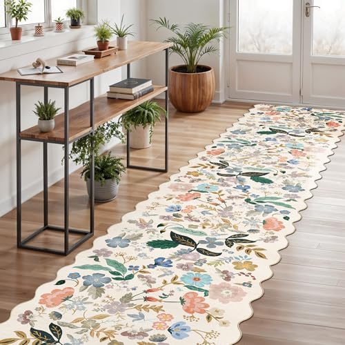 Washable Hallway 2'6x12 Runner Rug: Floral Scalloped Rug for Kitchen Entryway Farmhouse Soft Carpet for Bathroom Bedroom Thin Laudry Living Room Floor Mat with Non Slip Backing(2'6''x12',Cream) - Image 3