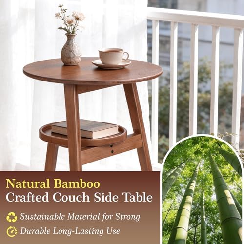 2-Tier Round Bamboo Side Table, Mid Century Modern End Table - Image 3